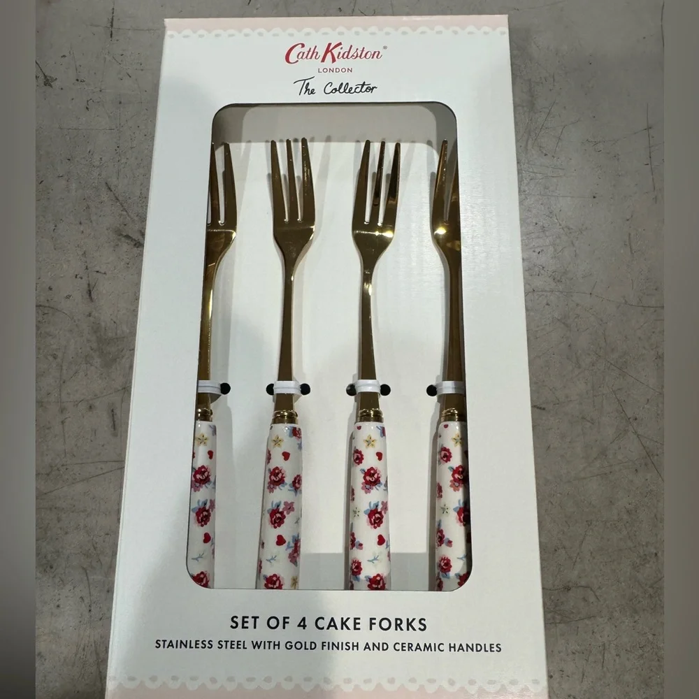 Cath Kidston Gold Cake Forks w/ Floral Handles- set of 4! Fun& functional forks